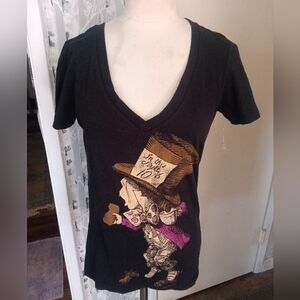 Mad Hatter From Alice In Wonderland Women's Black Deep V-Neck T-Shirt Size S